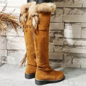 New Brown Vegan Suede Faux Fur and Lined Over The Knee High Zip Flat Heel Boots